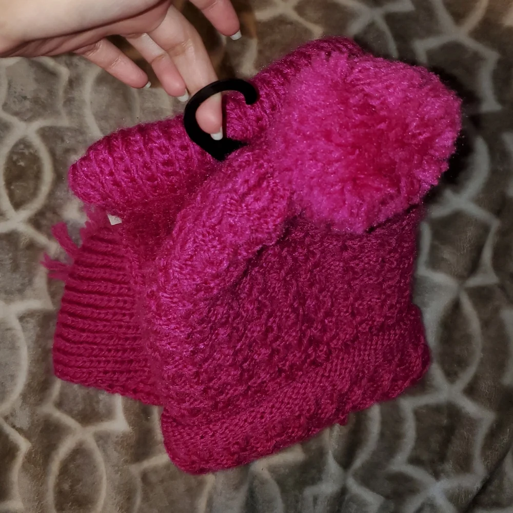 Pom Pom Knit Beanie and Scarf Set - Hot Pink